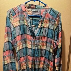 Maurice Flannel pastels top, with belt and ruffle collar